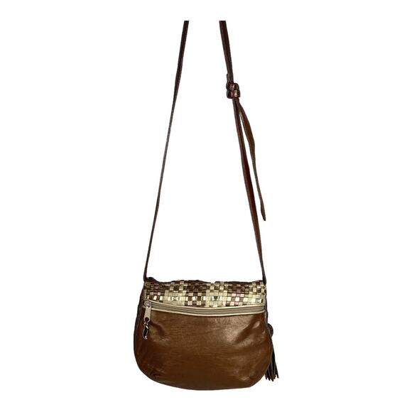 Sharif Metallic Gold Woven LEATHER HANDBAG Plaid Shoulder Crossbody Bag Tassel - Picture 3 of 13
